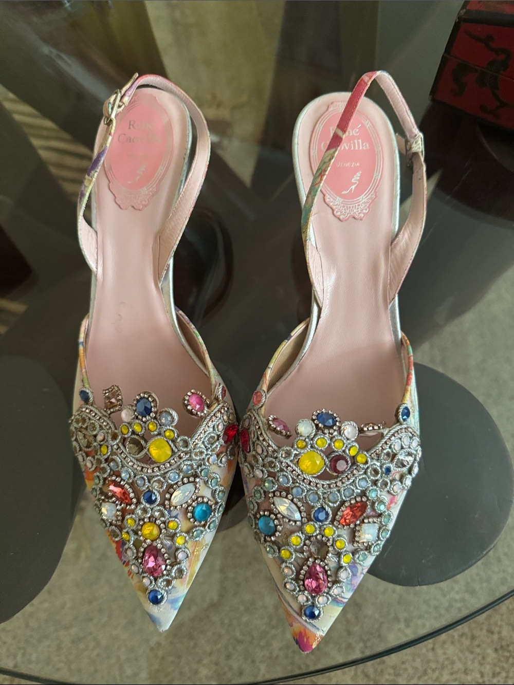 Rene Caovilla Pink Multicolor Jeweled Pointed Slingback Heels